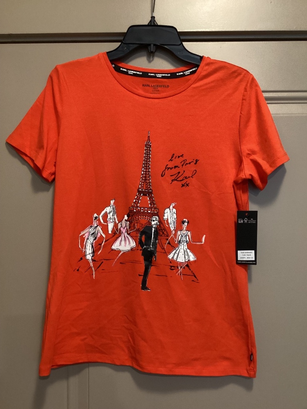 Karl Lagerfeld T-Shirt Women's, Apple Color Paris Logo Rhinestone, size S, $58